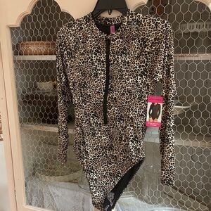 Betsey Johnson Leopard Print Long Sleeve Bodysuit - Black, Brown, Cream Swim